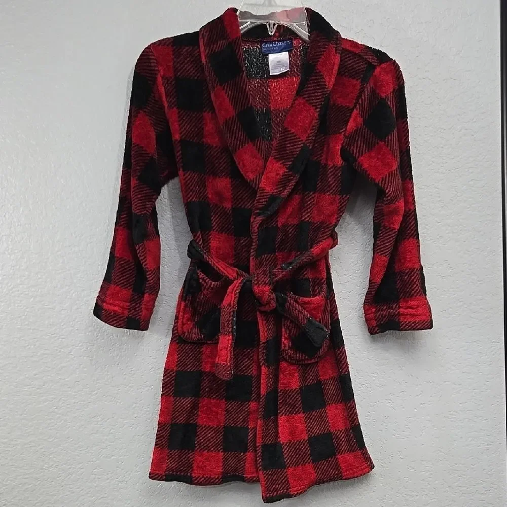 Cuddl Duds Kids Chill Chaser Red Black Buffalo Plaid Child Robe Faux Fur Plush